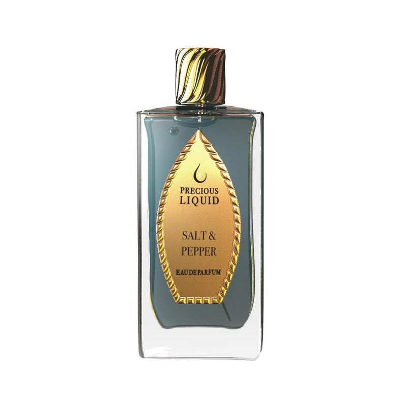 Salt & Pepper Precious Liquid perfume bottle from Online Warehouse, 2.5 oz, with elegant glass design and metallic accents.