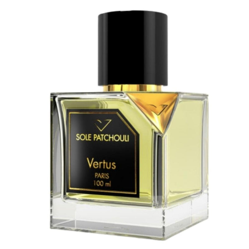 Sole Patchouli Vertus perfume bottle, 3.4 oz, elegant design, showcasing the fragrance's green patchouli scent and sophisticated packaging