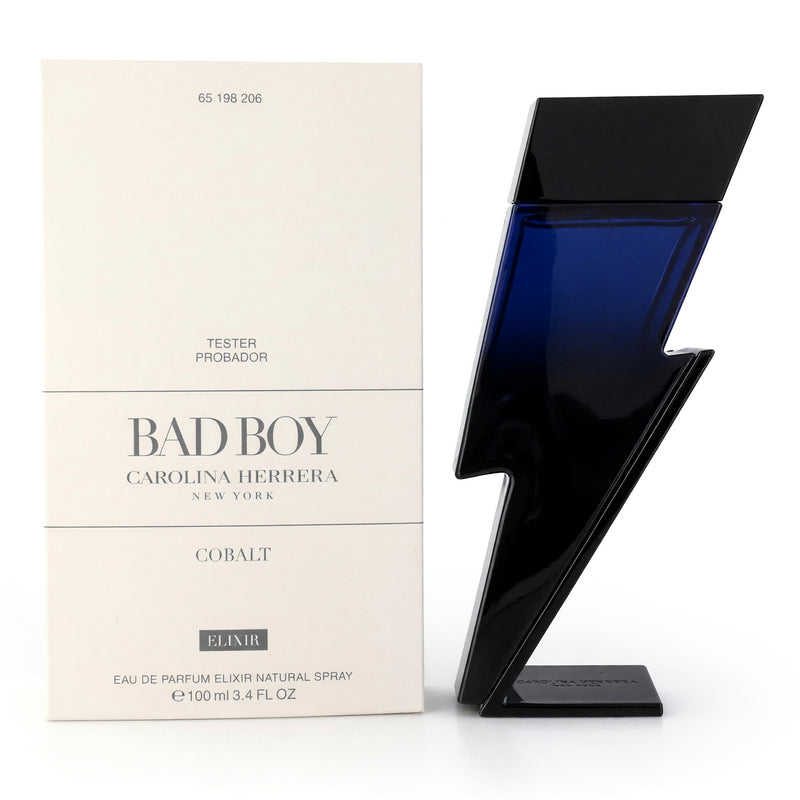 Carolina Herrera Bad Boy Cobalt Elixir 3.4oz men's EDP spray tester, featuring a sleek bottle design and metallic accents.