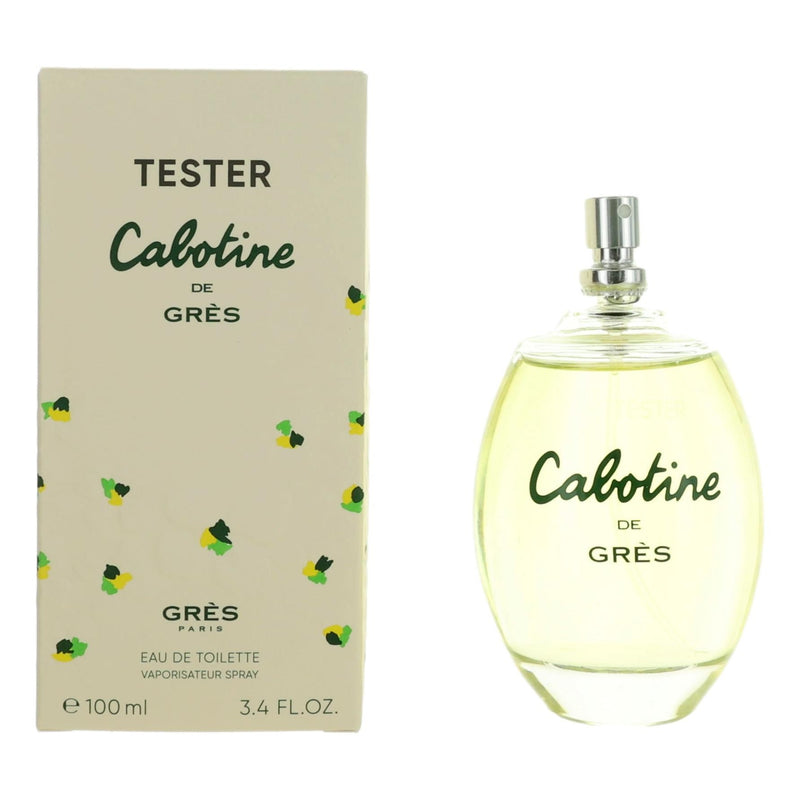 Parfums Gres Cabotine 3.4 oz women’s EDT spray tester bottle, elegant design, display of fragrance product.