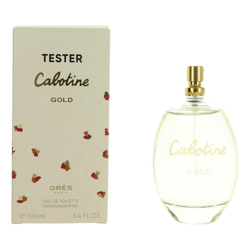 Parfums Gres Cabotine Gold 3.4 oz EDT spray for women, tester bottle with gold accents and clear packaging.