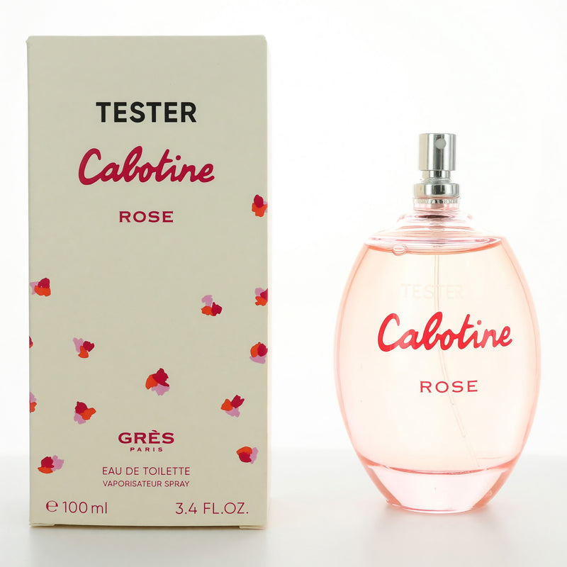 Parfums Gres Cabotine Rose 3.4 oz EDT spray for women, tester bottle with floral fragrance and elegant packaging.