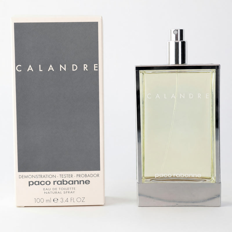 Paco Rabanne Calandre 3.4 oz women’s EDT spray tester bottle with silver cap and elegant packaging.