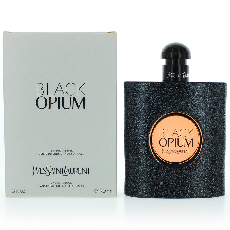 Yves Saint Laurent Black Opium 3 oz EDP spray for women, tester bottle, sleek black packaging with a modern design.
