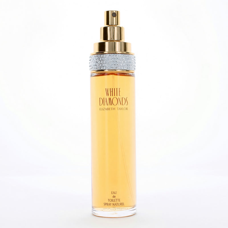 Elizabeth Taylor White Diamonds 3.4 oz EDT spray for women, displayed as a sleek, elegant perfume bottle.