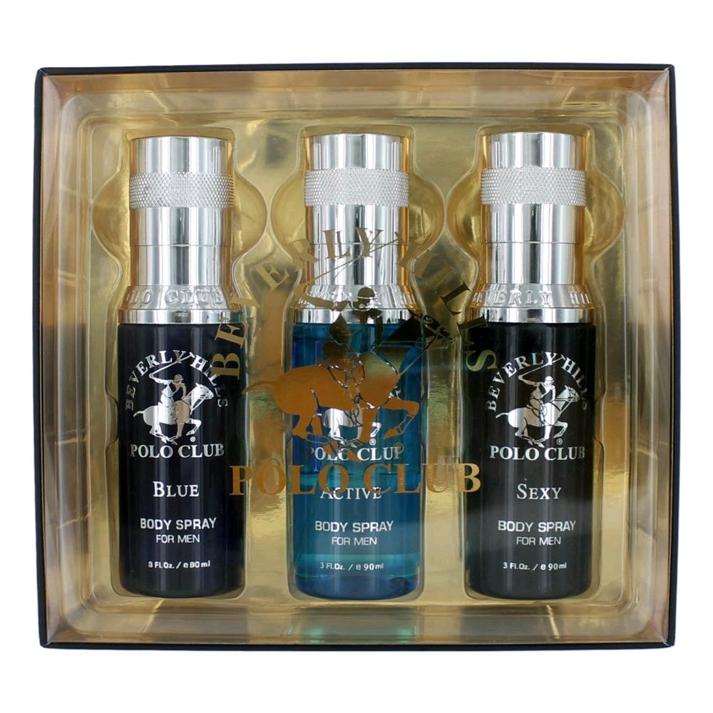 BHPC Body Spray Collection by Beverly Hills Polo Club, 3 Piece Set for Men (Sexy, Active & Blue)