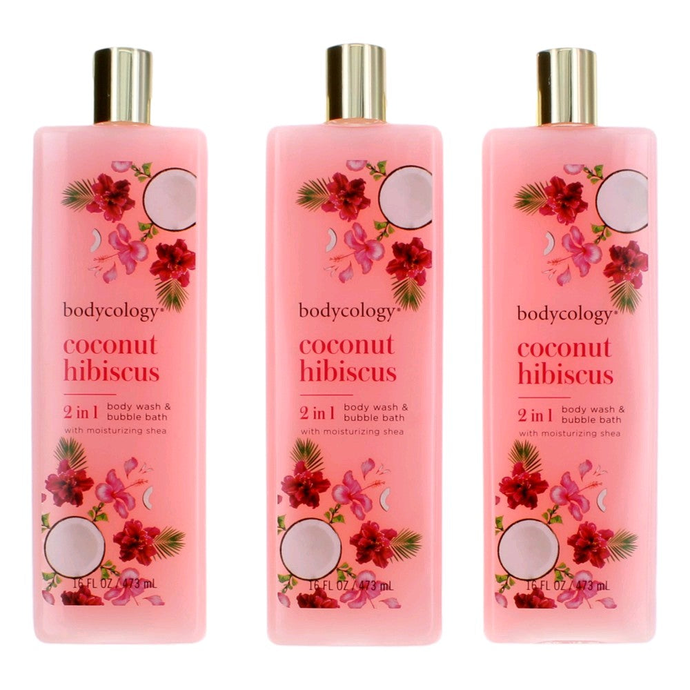 Coconut Hibiscus by Bodycology, 3 Pack 16 oz 2 in 1 Body Wash & Bubble Bath for Women