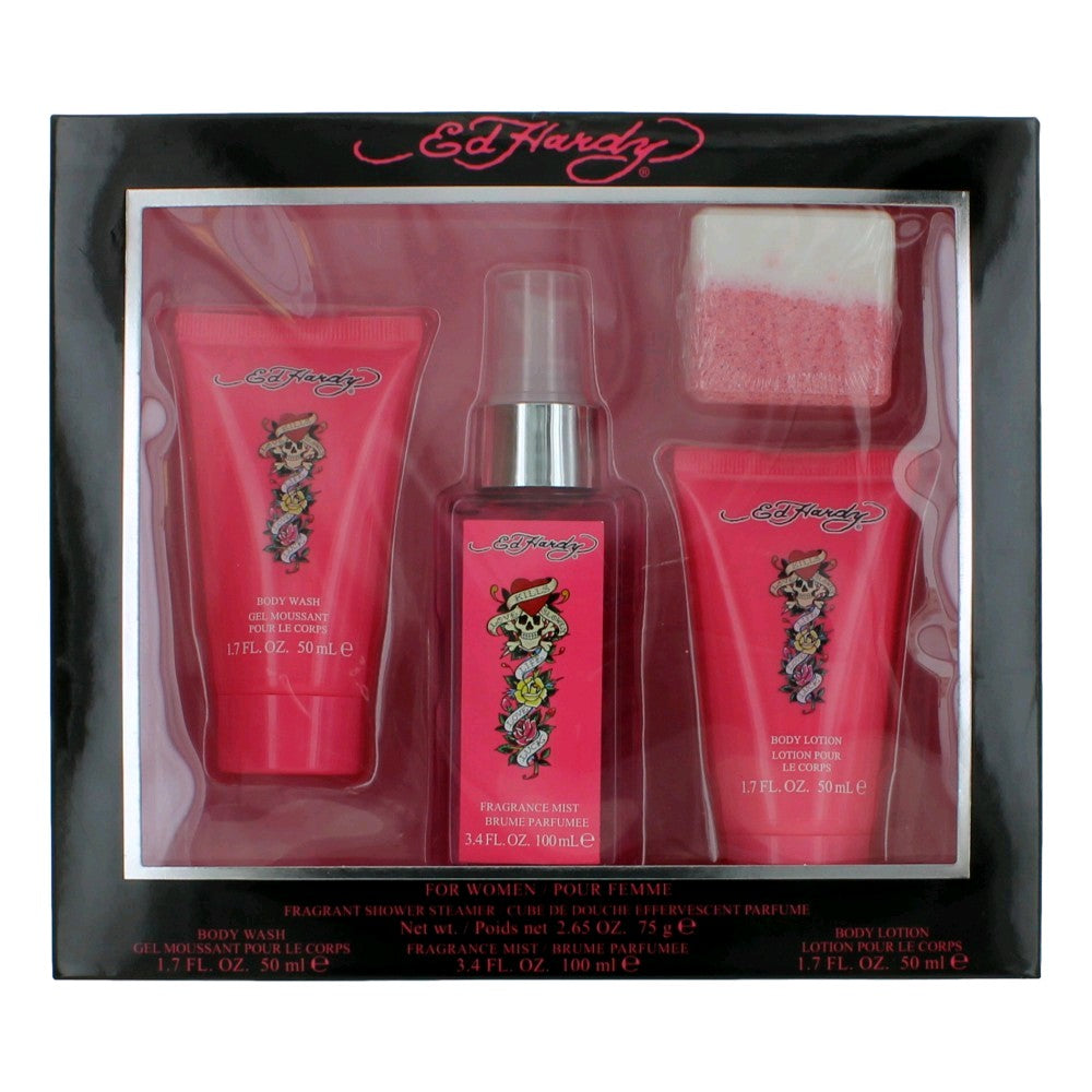Ed Hardy by Christian Audigier, 4 Piece Bath and Body Gift Set for Women With Steamer