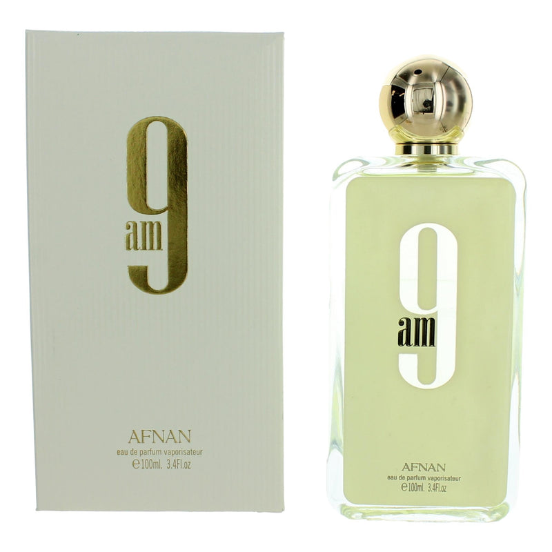 A 3.4 oz Afnan 9 AM Eau De Parfum Spray for Men, featuring the Pertinacia Perfume brand, with the bottle and packaging visible.