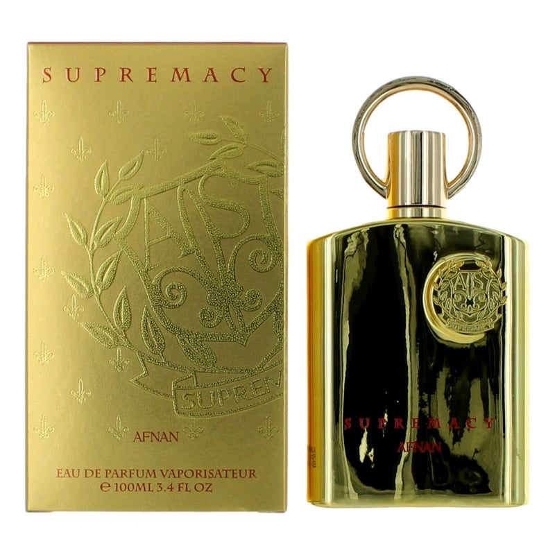 Aunisex Supremacy Gold by Afnan Eau De Parfum spray, 3.4 oz bottle with gold accents and elegant design.