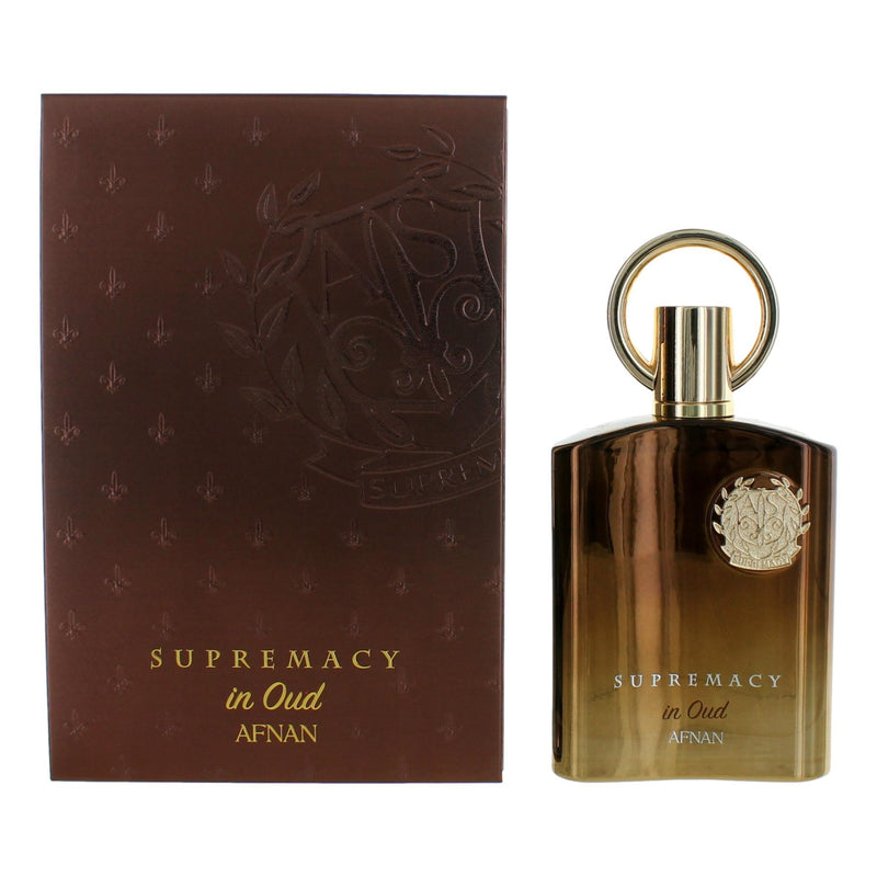 A 4.2 oz Afnan Supremacy in Oud Eau De Parfum spray bottle for unisex, with elegant packaging and fragrance label visible.