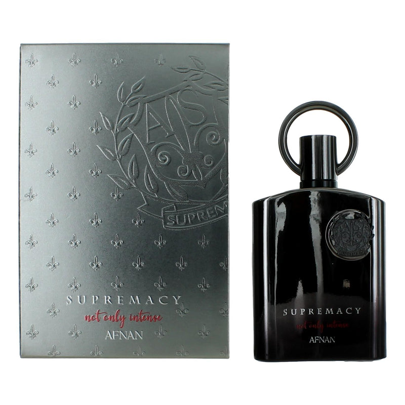A 3.4 oz bottle of Supremacy Not Only Intense Eau De Parfum spray for men by Afnan, featuring a sleek glass design.