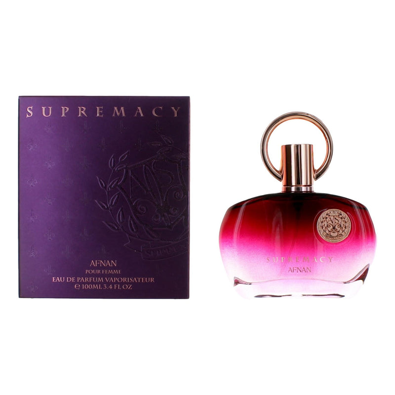 Supremacy Purple by Afnan Eau de Parfum for women, 3.4 oz spray with purple bottle, floral and fruity scent design.