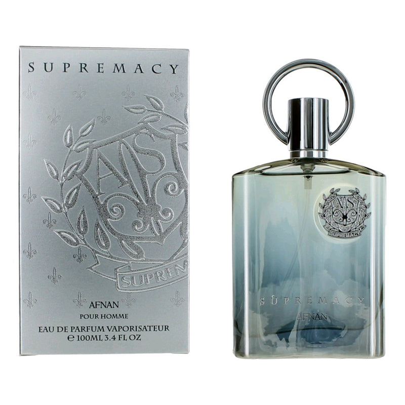 Supremacy Silver by Afnan men's 3.4 oz Eau De Parfum spray, sleek bottle with silver accents for a modern, masculine fragrance.