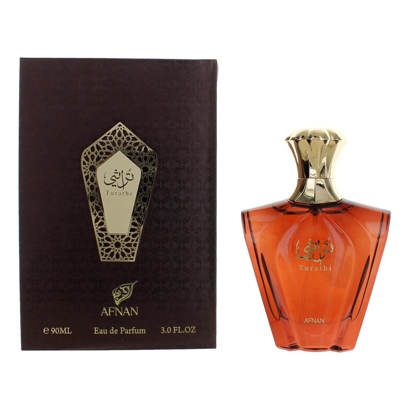 A 3 oz bottle of Turathi Brown by Afnan Eau De Parfum Spray for Men, with elegant brown packaging and clear perfume label.