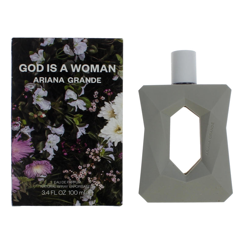 Ariana Grande God Is a Woman 3.4 oz Eau De Parfum Spray for Women, sleek bottle with floral and modern design.
