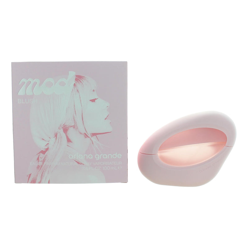 Ariana Grande MOD Blush Eau De Parfum spray for women, 3.4 oz bottle, with pink and gold packaging, featuring floral design.