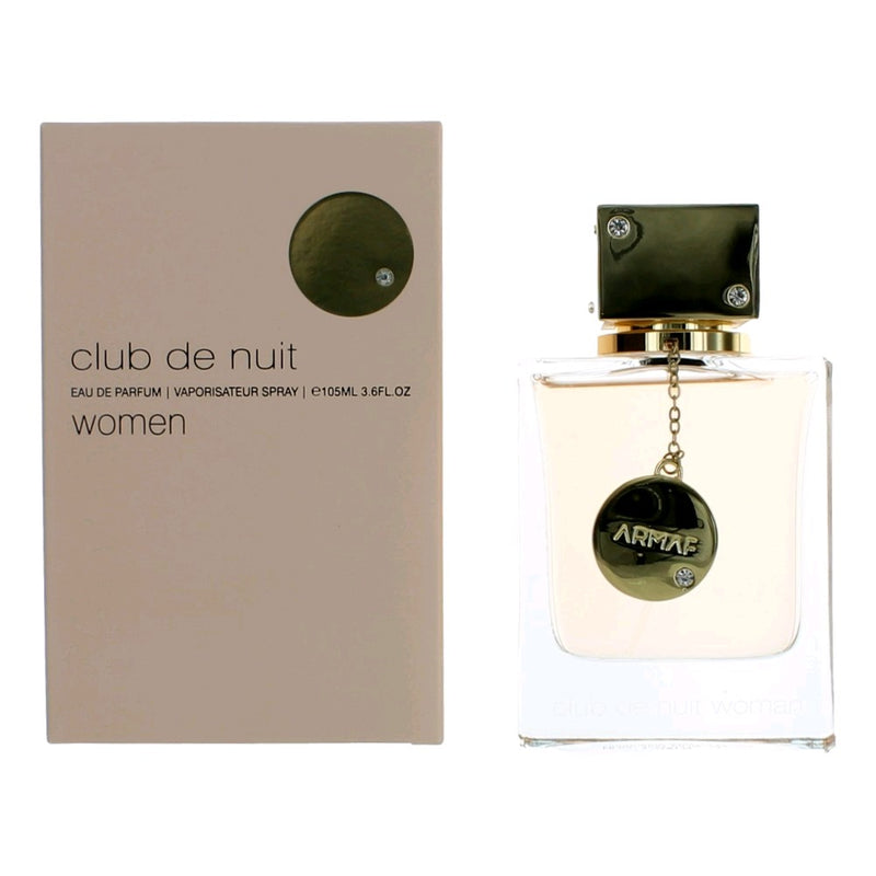 Club De Nuit by Armaf women's Eau De Parfum spray, 3.6 oz bottle, with elegant perfume design for women.