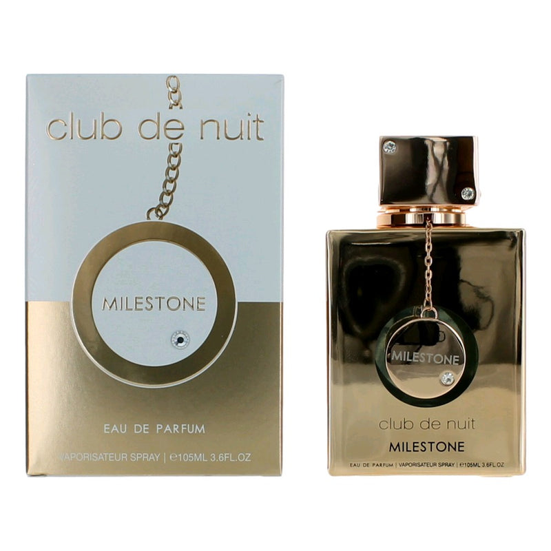 Club De Nuit Milestone by Armaf unisex Eau De Parfum, 3.6 oz, showcasing the sleek perfume bottle against a neutral background.
