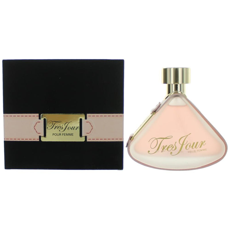 Tres Jour Pour Femme by Armaf perfume bottle, 3.4 oz EDP with elegant floral design and clear glass showcasing the fragrance.