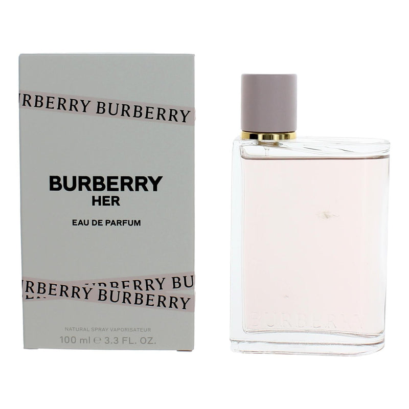 Burberry Her Eau De Parfum Spray for Women, 3.3 oz bottle, elegant packaging and floral scent profile.
