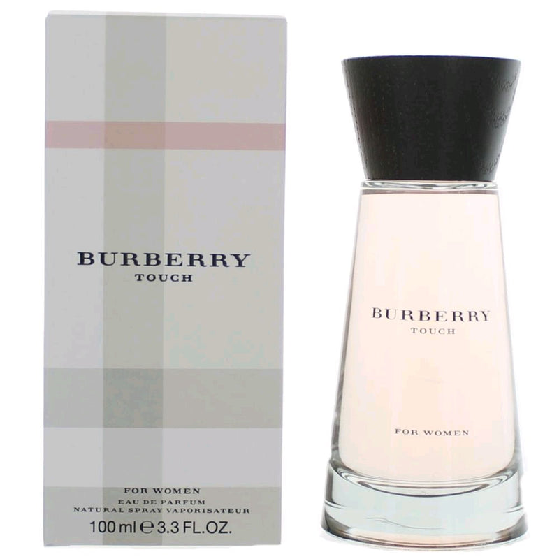 Touch by Burberry Eau De Parfum spray for women, 3.3 oz bottle with elegant packaging and gold accents.