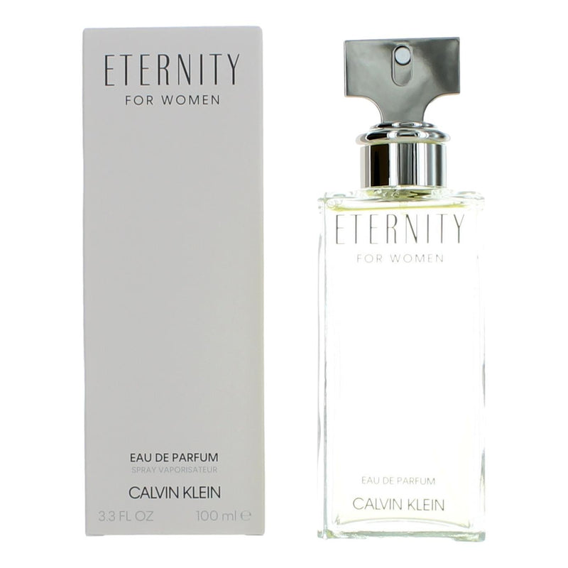 Eternity by Calvin Klein 3.3 oz Eau De Parfum spray for women, elegant perfume bottle with minimalist design.