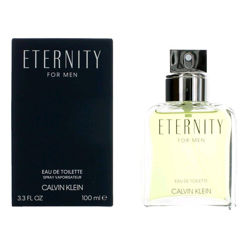 Eternity by Calvin Klein men's 3.3 oz Eau De Toilette spray with sleek bottle and minimalist design.