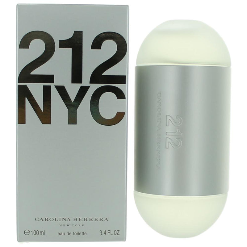 212 by Carolina Herrera women’s Eau De Toilette spray bottle, 3.4 oz, sleek glass packaging with silver accents.