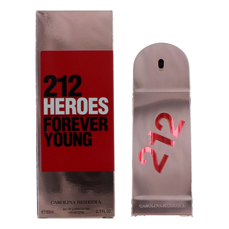 212 Heroes Forever Young by Carolina Herrera 2.7 oz Eau De Parfum Spray for Women, featuring the perfume bottle and packaging.