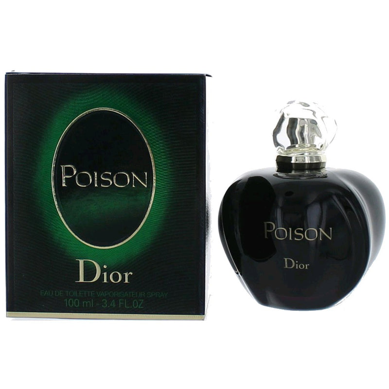 Christian Dior Poison Eau De Toilette spray for women, 3.4 oz bottle with elegant perfume design.