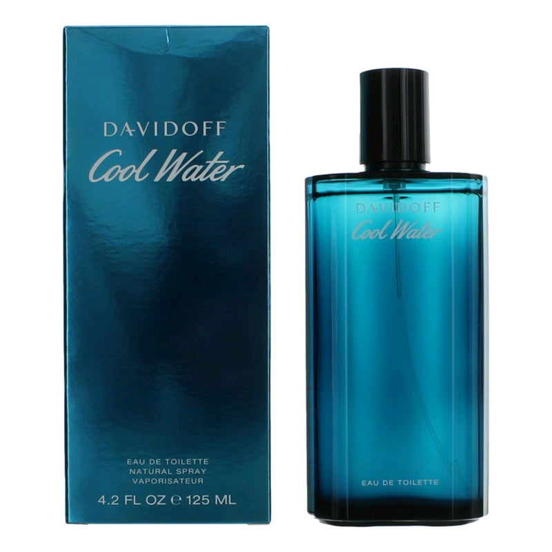 Cool Water by Davidoff 4.2 oz men's Eau De Toilette spray, featuring a sleek bottle and fresh, aquatic fragrance.