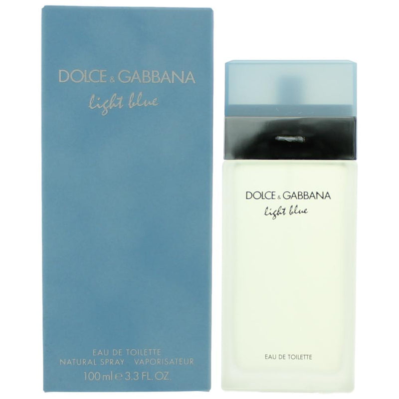 Light Blue by Dolce & Gabbana 3.3 oz Eau De Toilette spray for women, featuring the iconic perfume bottle with a light blue hue.