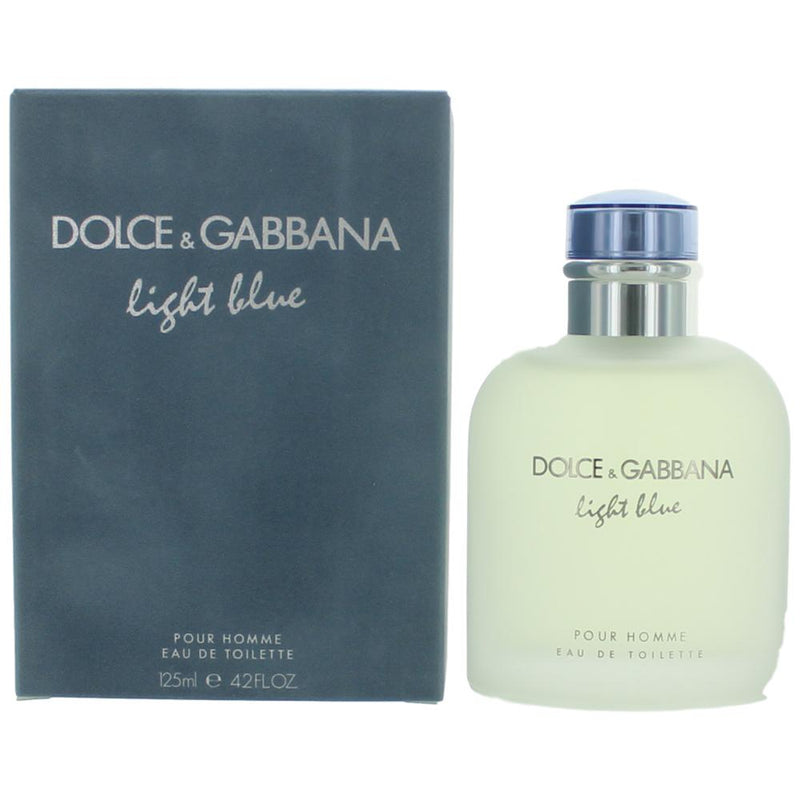 Light Blue by Dolce & Gabbana 4.2 oz Eau De Toilette spray for men, with a light blue bottle and elegant design