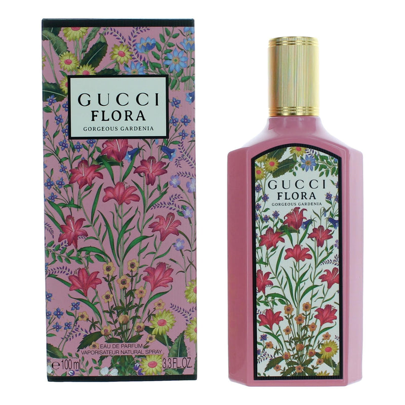 Gucci Flora Gorgeous Gardenia 3.3 oz Eau De Parfum spray for women, elegant floral perfume bottle with gold accents