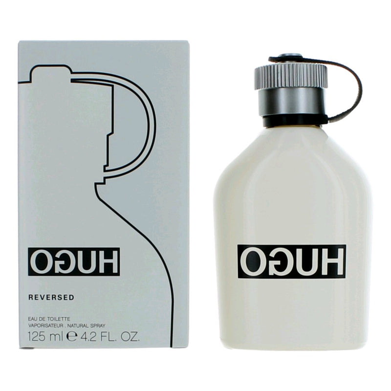 Hugo Reversed by Hugo Boss men's 4.2 oz Eau De Toilette spray, featuring sleek bottle design and branding.