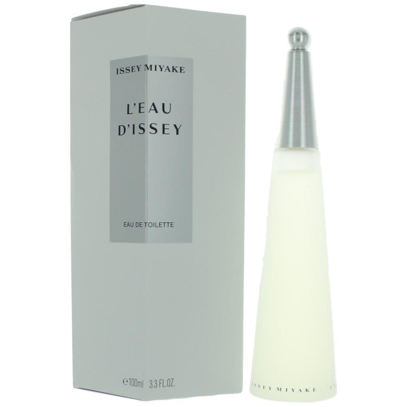 Issey Miyake L'eau D'issey perfume spray for women in 3.3 oz Eau de Toilette bottle, with elegant clear glass design.