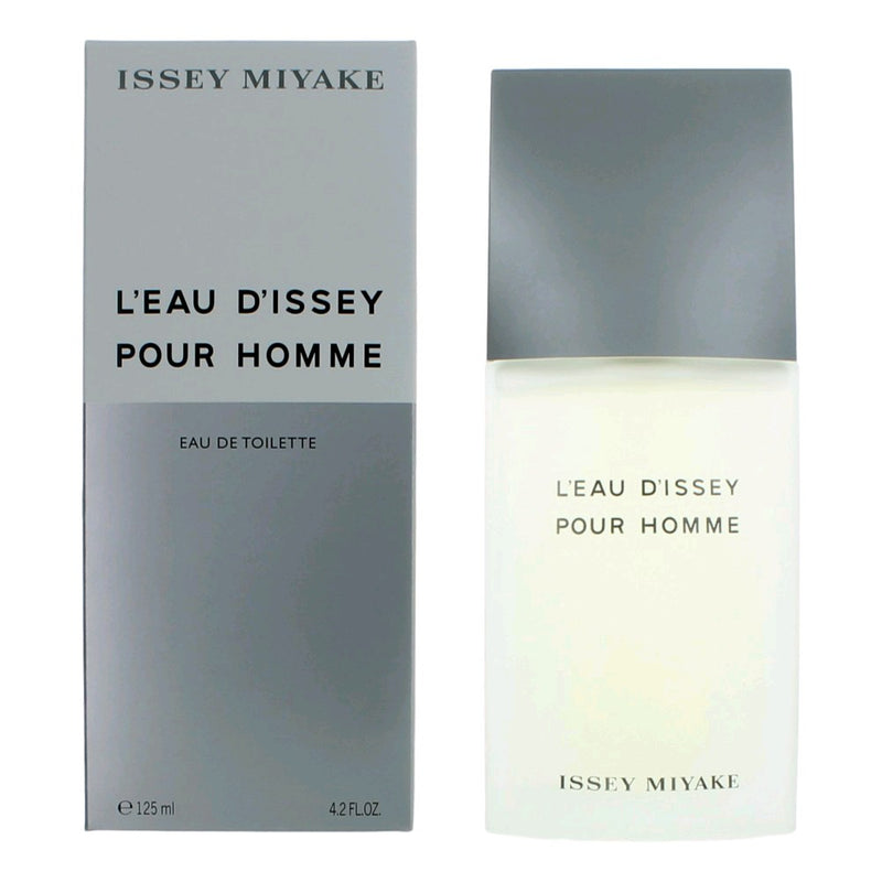 L'eau D'Issey Pour Homme by Issey Miyake 4.2 oz Eau De Toilette spray for men, bottle with sleek design and branding.