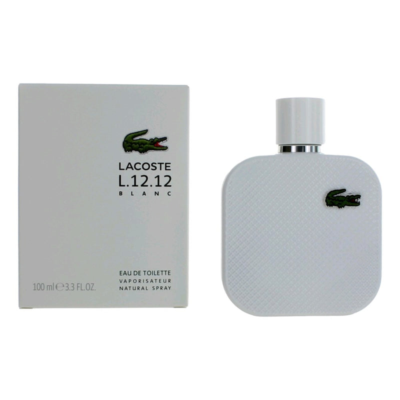 Lacoste L.12.12 White Blanc men's Eau de Toilette spray bottle, white packaging, 3.3 oz, by Lacoste.