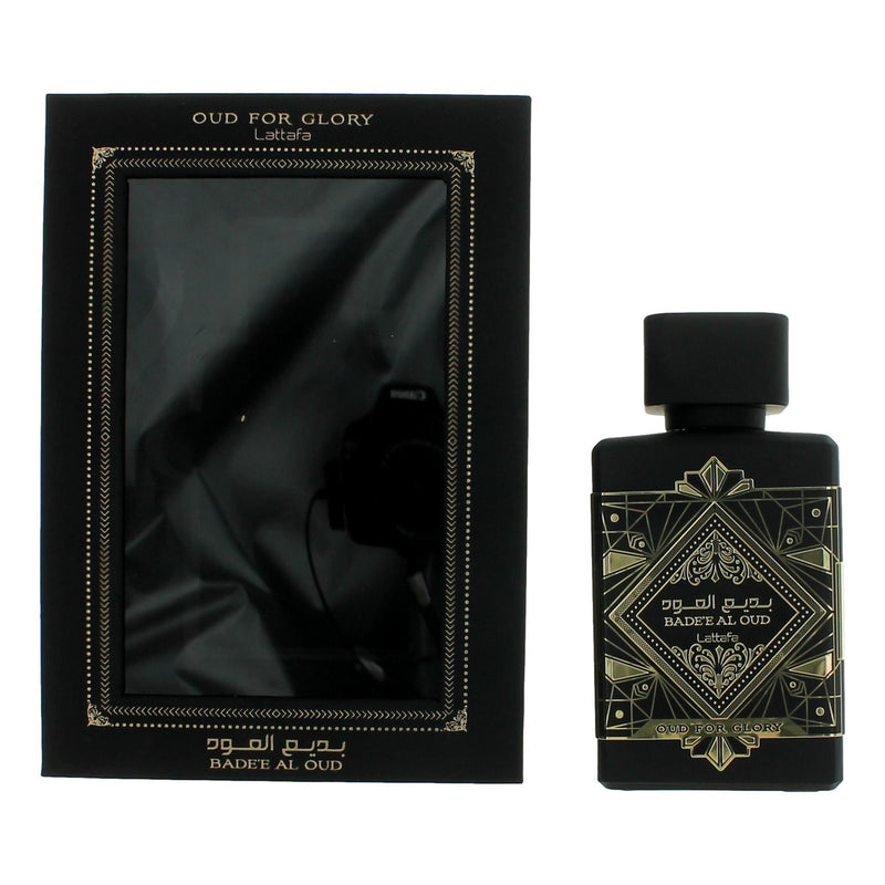 Lattafa Bade'e Al Oud Oud for Glory unisex Eau De Parfum spray, 3.4 oz bottle with elegant packaging.