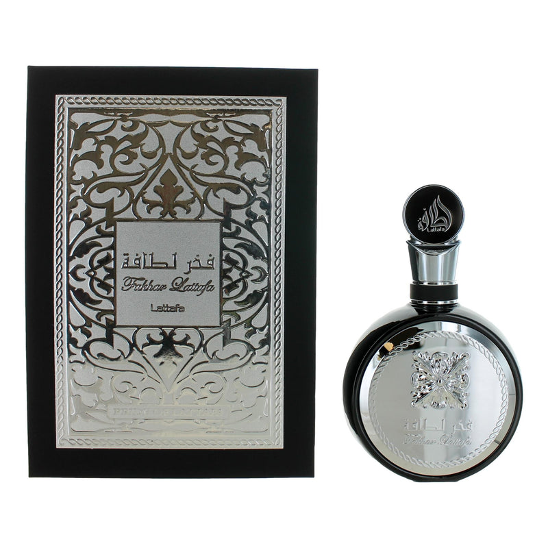 Fakhar by Lattafa Eau De Parfum spray for men, 3.4 oz, bottle with elegant design, showcasing the fragrance for men.