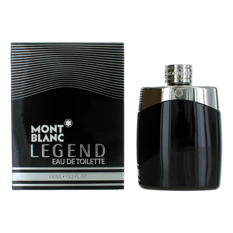 Mont Blanc Legend Eau De Toilette spray for men in 3.3 oz bottle, featuring sleek packaging and classic fragrance design.