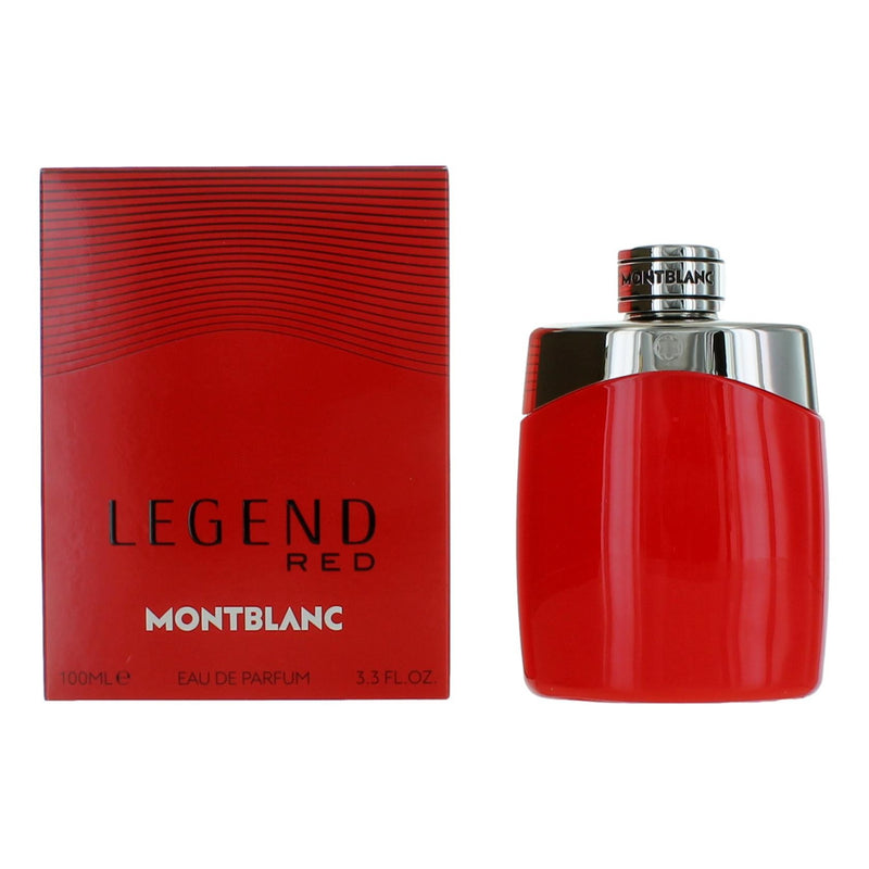 Mont Blanc Legend Red Eau de Parfum spray for men in 3.3 oz bottle, featuring a sleek design and vibrant red accents.