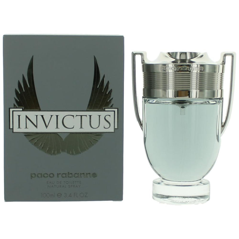 Invictus by Paco Rabanne 3.4 oz Eau De Toilette spray for men with sleek bottle design and modern branding.