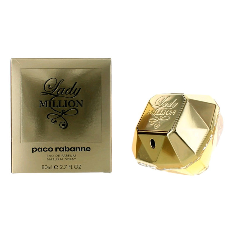 Lady Million Paco Rabanne Eau De Parfum spray for women in 2.7 oz bottle, featuring a luxurious perfume design.