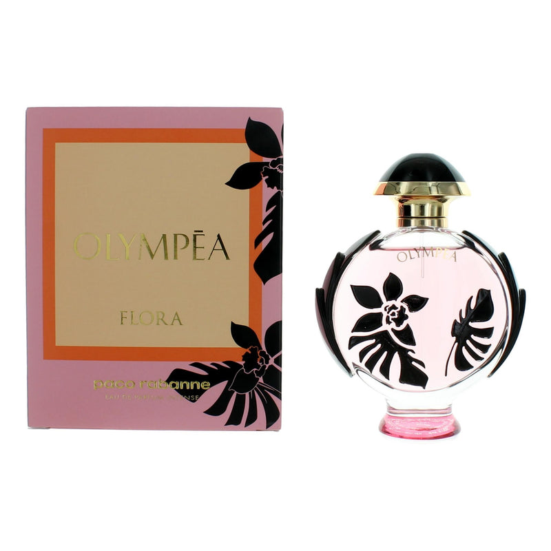 Olympea Flora by Paco Rabanne perfume bottle, 2.7 oz Eau De Parfum Intense spray for women, elegant packaging design.