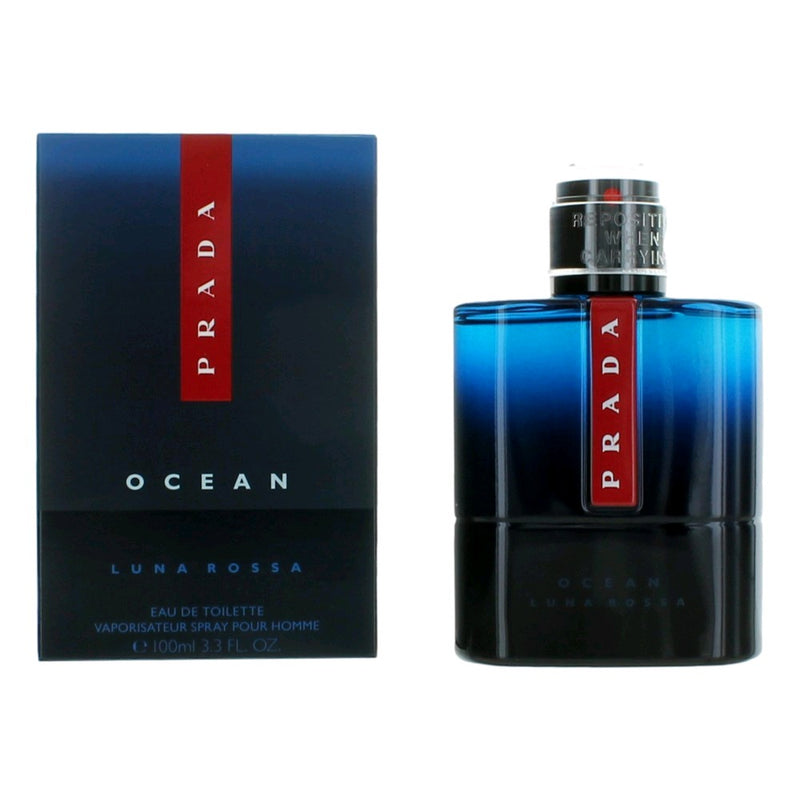Prada Luna Rossa Ocean Eau de Toilette spray for men, 3.4 oz bottle, with sleek packaging and Prada branding.
