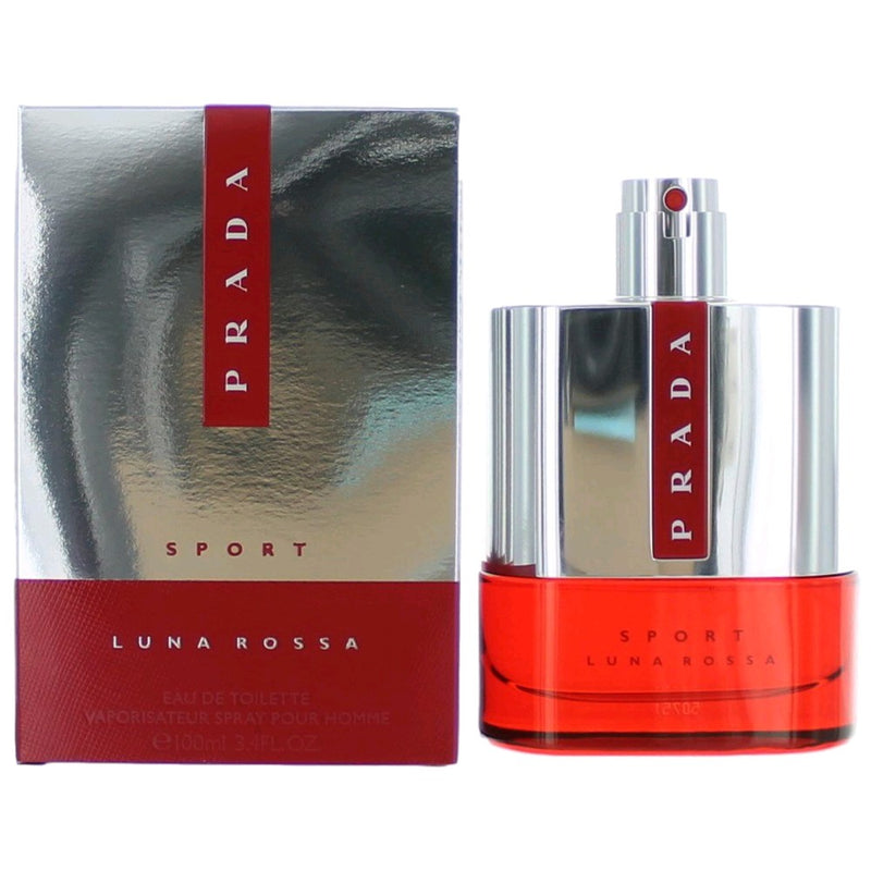 Prada Luna Rossa Sport Eau De Toilette spray for men, 3.4 oz bottle with sleek packaging and Prada branding.