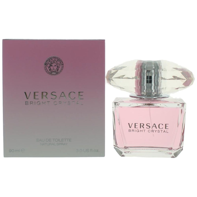 Versace Bright Crystal Eau De Toilette spray for women, 3 oz bottle with clear glass and silver cap, featuring floral and fruity design