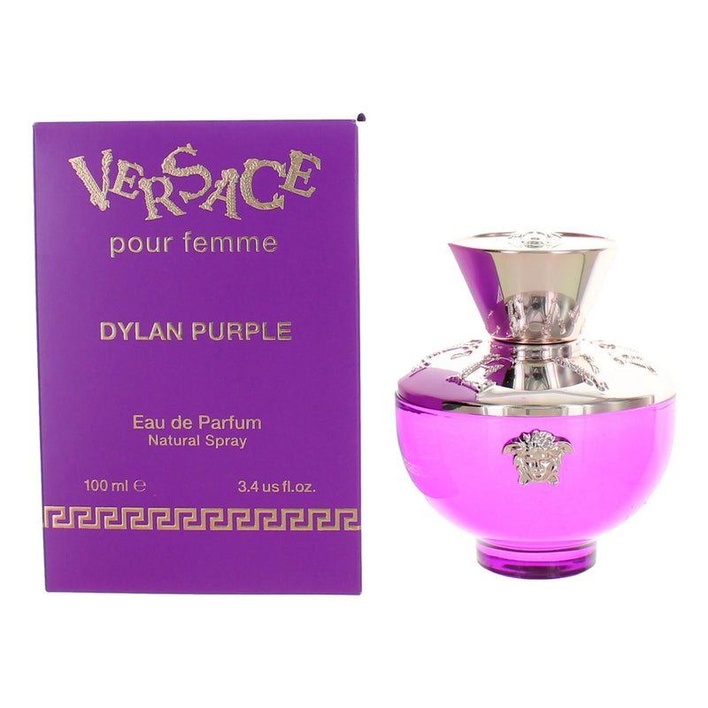 Versace Dylan Purple Eau De Parfum spray for women in 3.4 oz bottle, featuring purple packaging and elegant design.